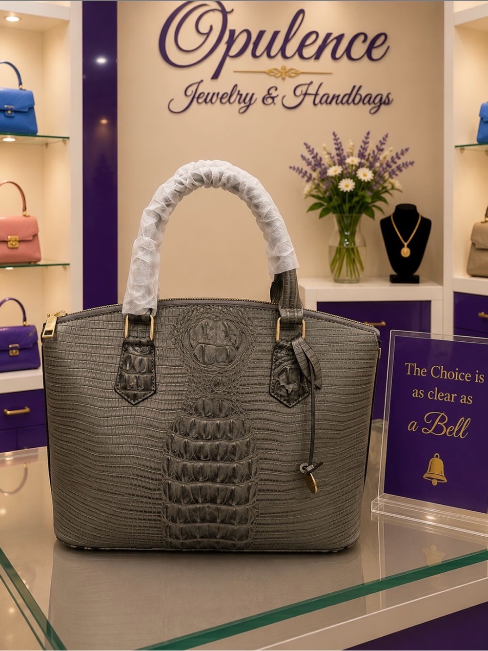 Croc-Embossed Dark Gray Leather Tote